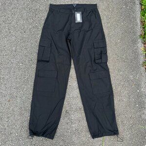 boohooMan Fixed Waist Oversized Ripstop Cargo Trouser, Black Mens 36